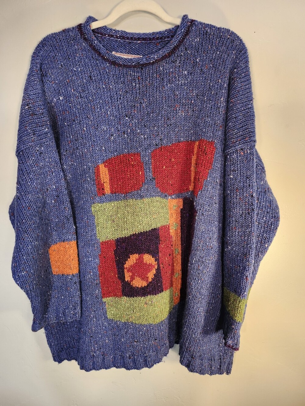 Su-Zen 100% Wool Blue Multicolor Graphic Crewneck Sweater One Size